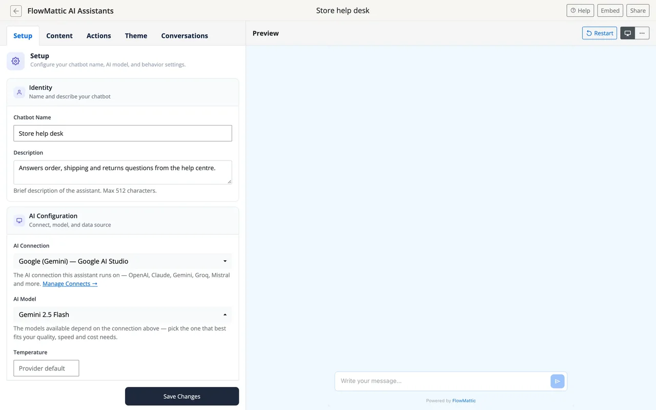 An AI assistant being edited: its setup, identity, AI connection and model on the left and a preview chat on the right