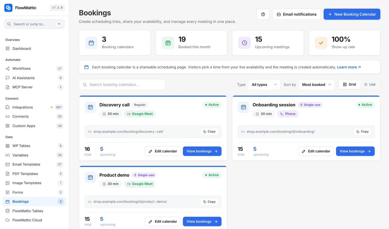 The Bookings screen in FlowMattic: counters for booking calendars, bookings this month, upcoming meetings and show-up rate, with Email notifications and New Booking Calendar buttons above the calendar list