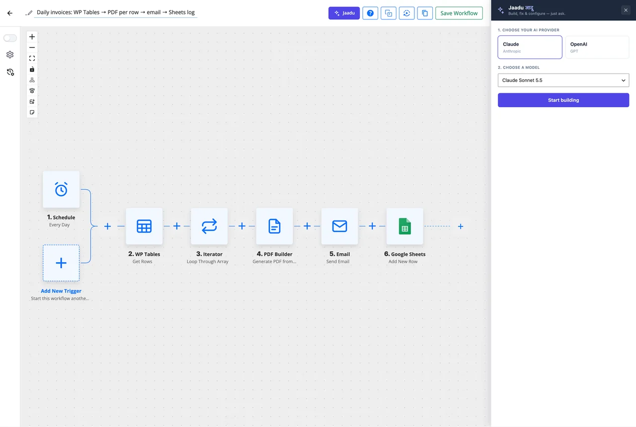 The Jaadu panel open beside a workflow on the FlowMattic canvas, with Claude chosen as the AI provider, a model picked and the Start building button ready