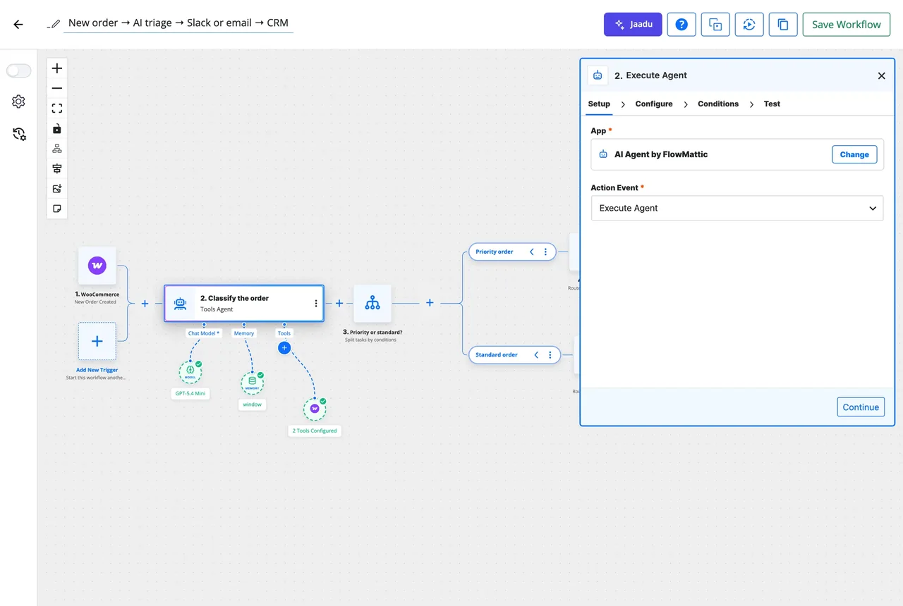 The step panel open in the FlowMattic builder on an AI Agent step whose model, memory and tools hang beneath it on the canvas, with the Setup, Configure, Conditions and Test tabs and the action event selector where an MCP Client tool is chosen