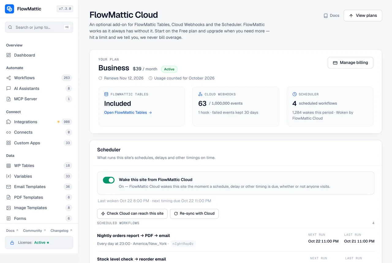The FlowMattic Cloud screen with the connected plan, FlowMattic Tables included, Cloud Webhooks usage and the Scheduler wake switch