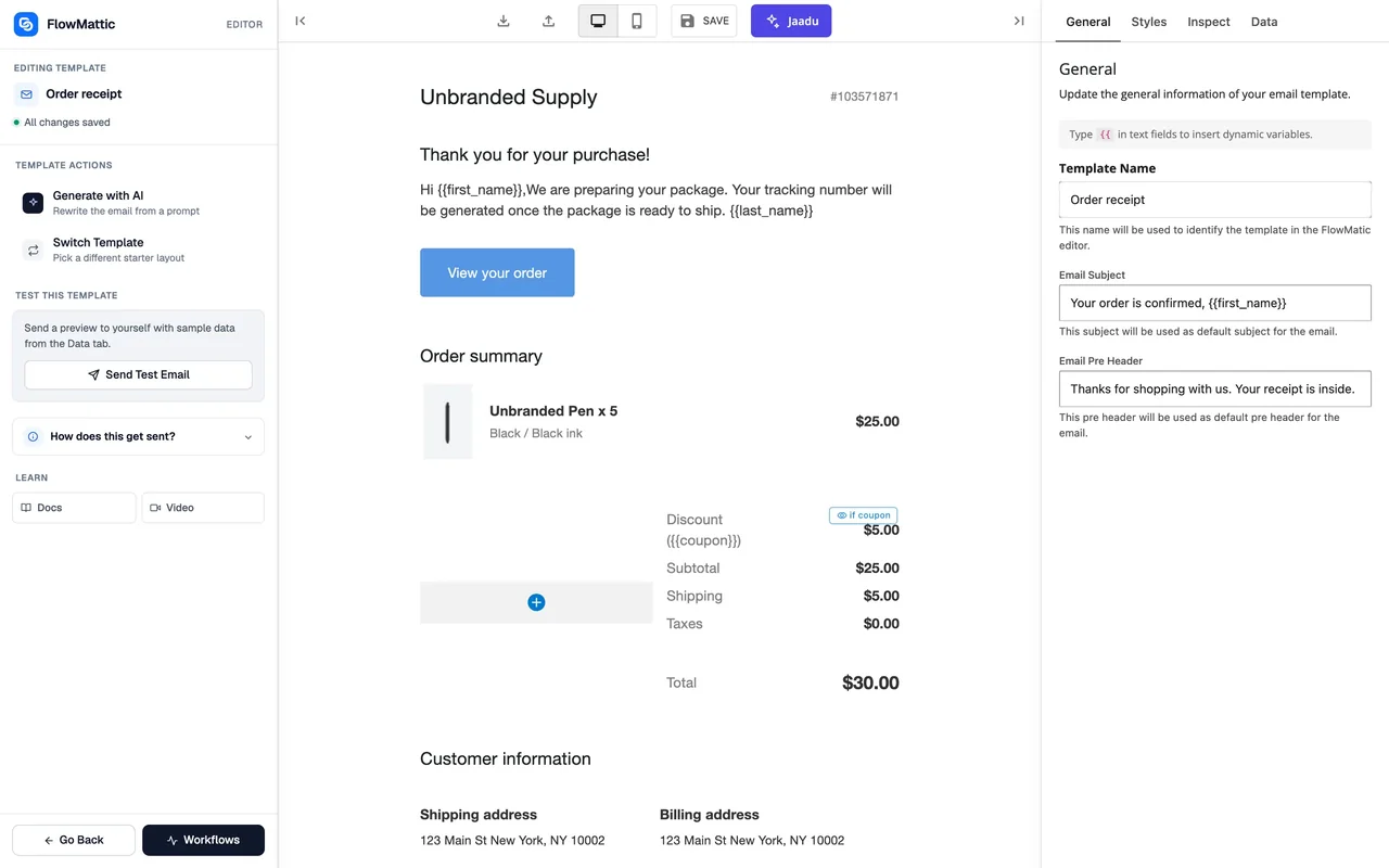 A receipt-style template open in the Email Template Builder, the same editor the booking confirmation, reminder and follow-up templates use
