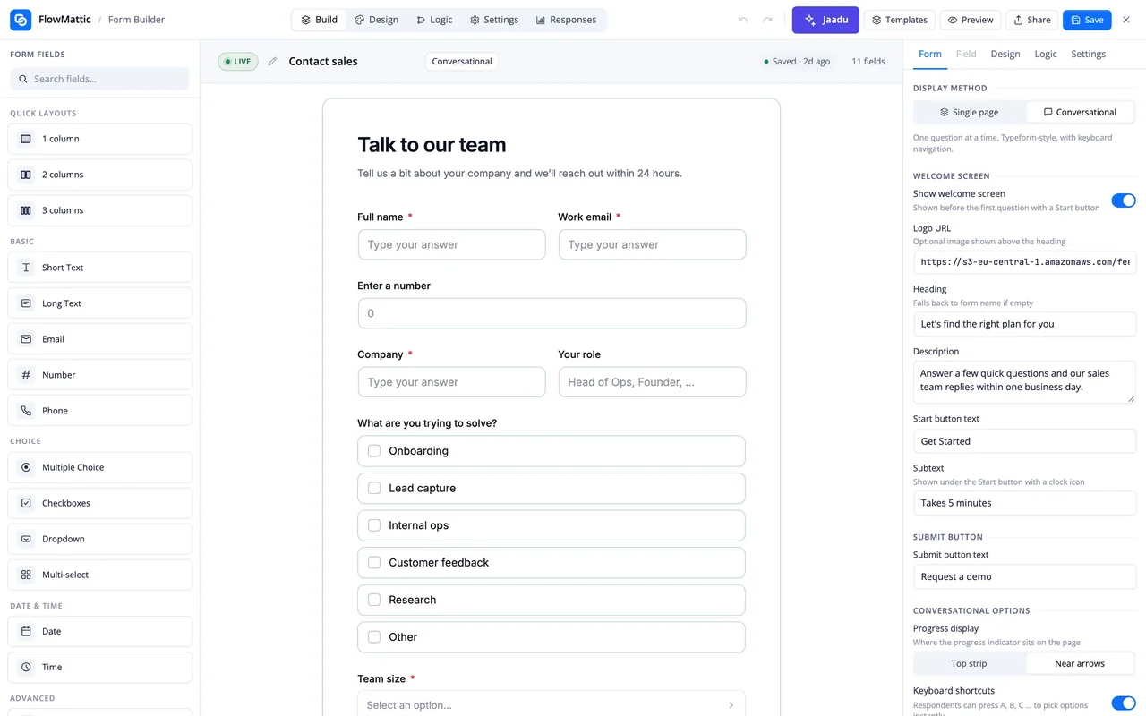 The Form Builder editing a conversational contact form: the field palette on the left, a live preview in the middle and settings on the right