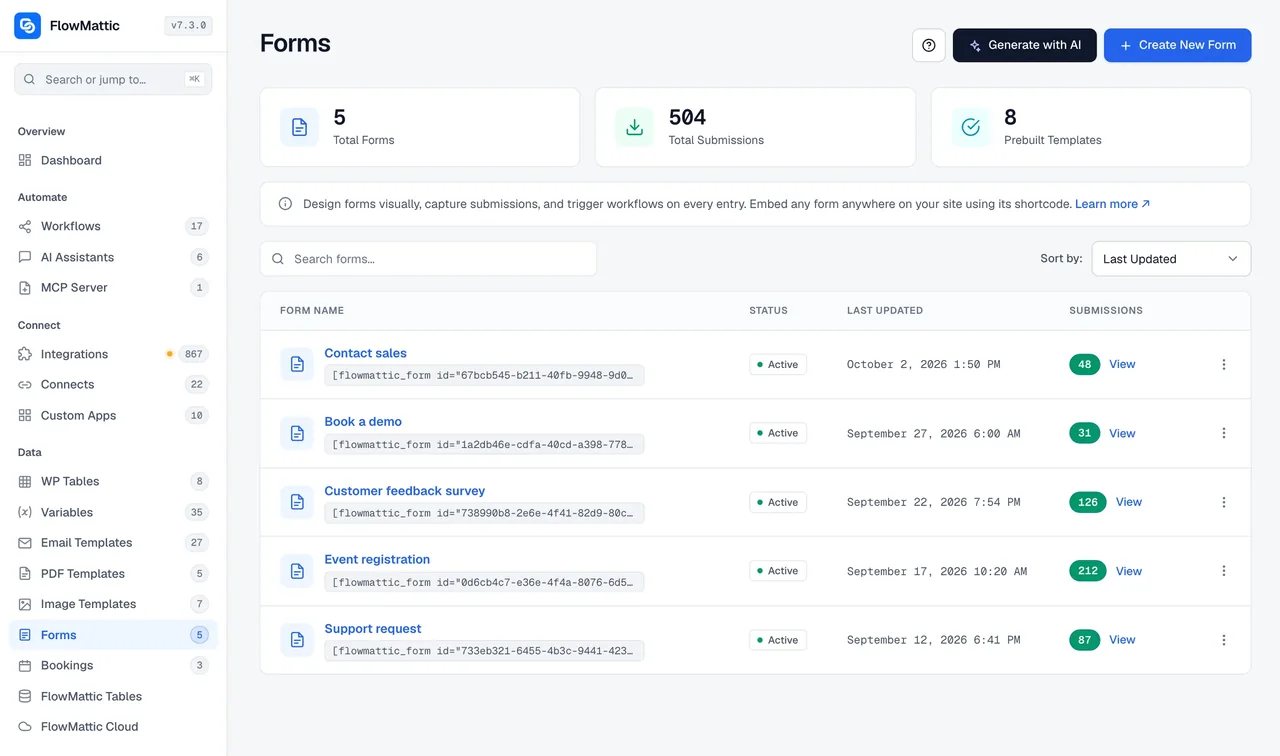 The Forms list in FlowMattic, showing each form with its status and the templates to start a new one from
