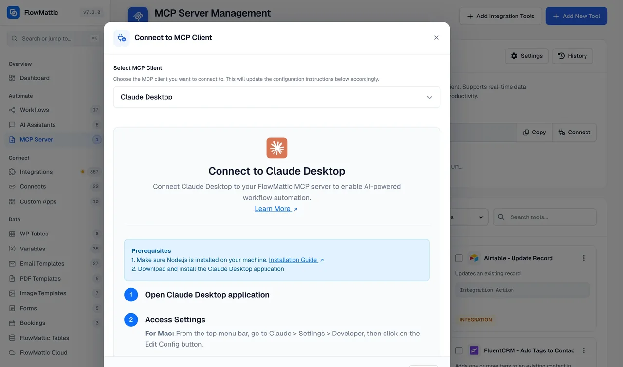 The MCP Server screen with the Connect dialog open on Claude Desktop: a client picker for Claude Desktop, ChatGPT, Cursor and others, and numbered setup steps for the chosen client