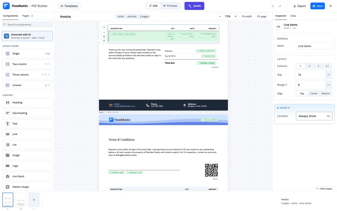 The PDF template builder editing an invoice: line items, totals, terms and a QR code, with the component list and the page settings beside it
