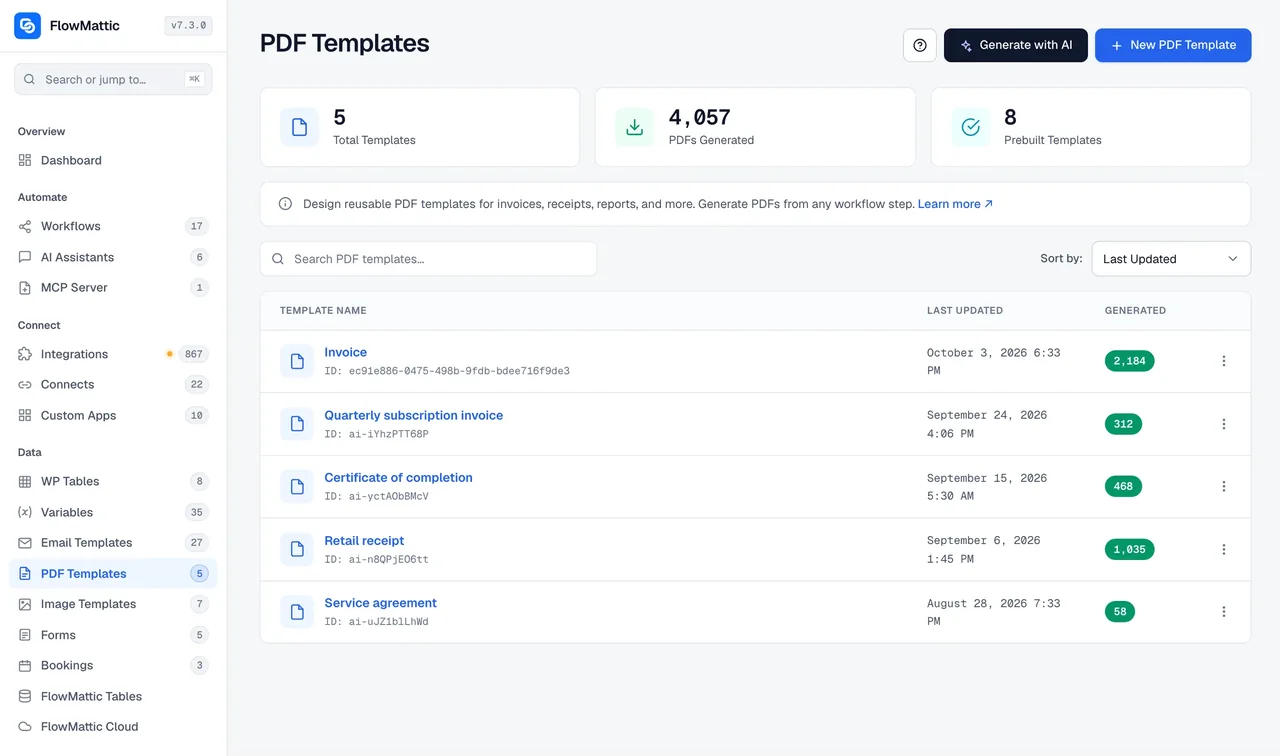 The PDF Templates list in FlowMattic, showing saved templates and the starters to begin a new one from