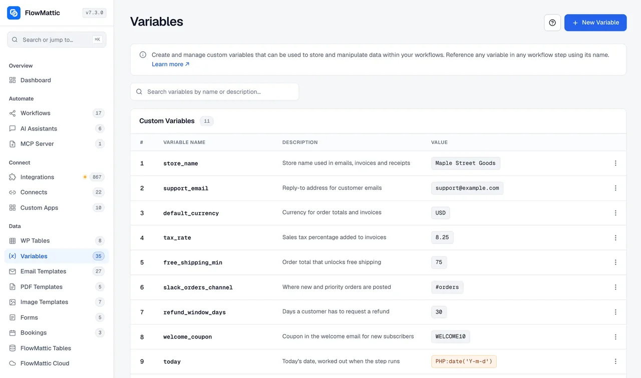 The Variables screen listing custom variables, each with a name, a description and a value, including values that call a PHP function at run time
